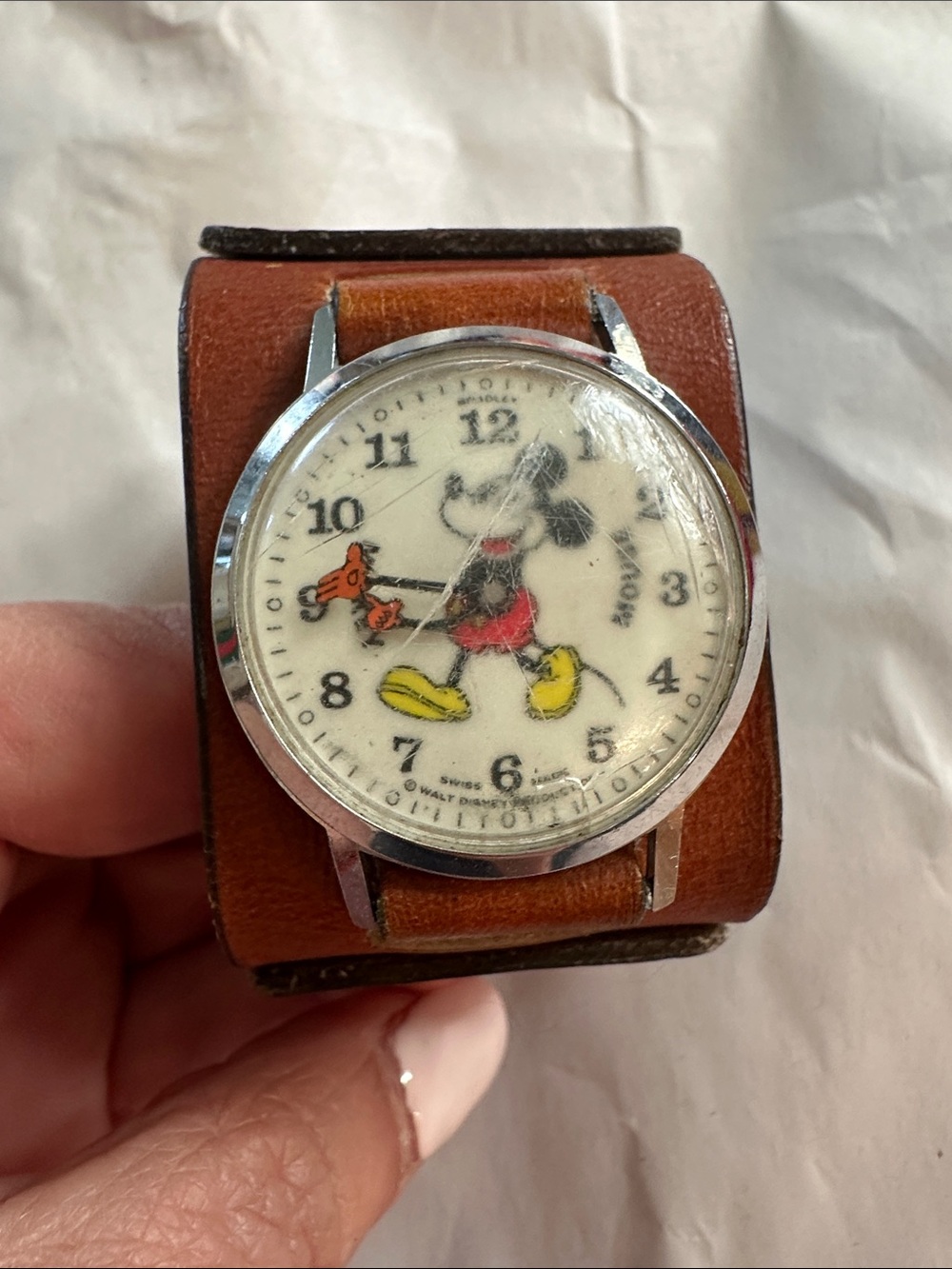 1950-70’s Disney Mickey Mouse Brown Leather Cuff Watch Antique Vintage
